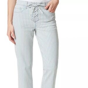 FRAYED High Rise Striped Cropped Jeans - Blue and White